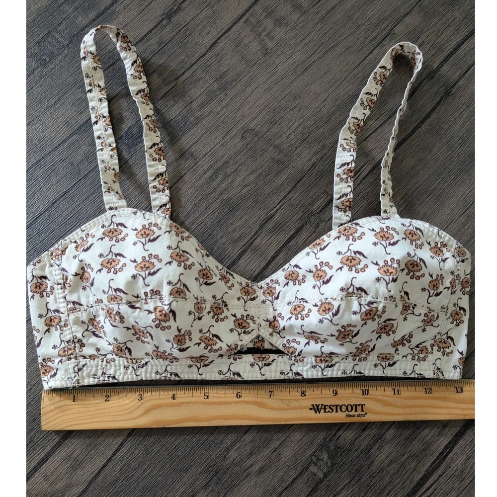 Tory Burch Dandelion Print Cotton Bra Top Cream Brown Size 2